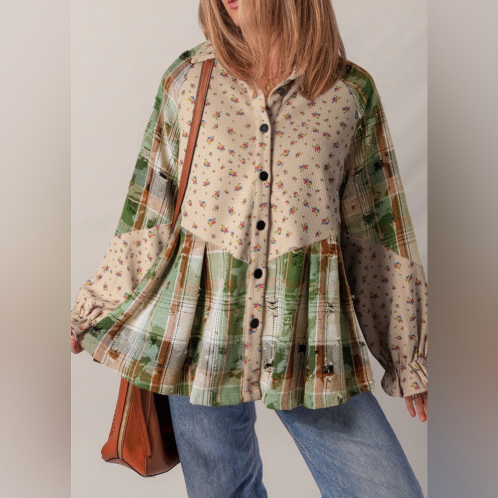 ✨Boho Patchwork Babydoll Top Floral Plaid Mixed Print Button Front